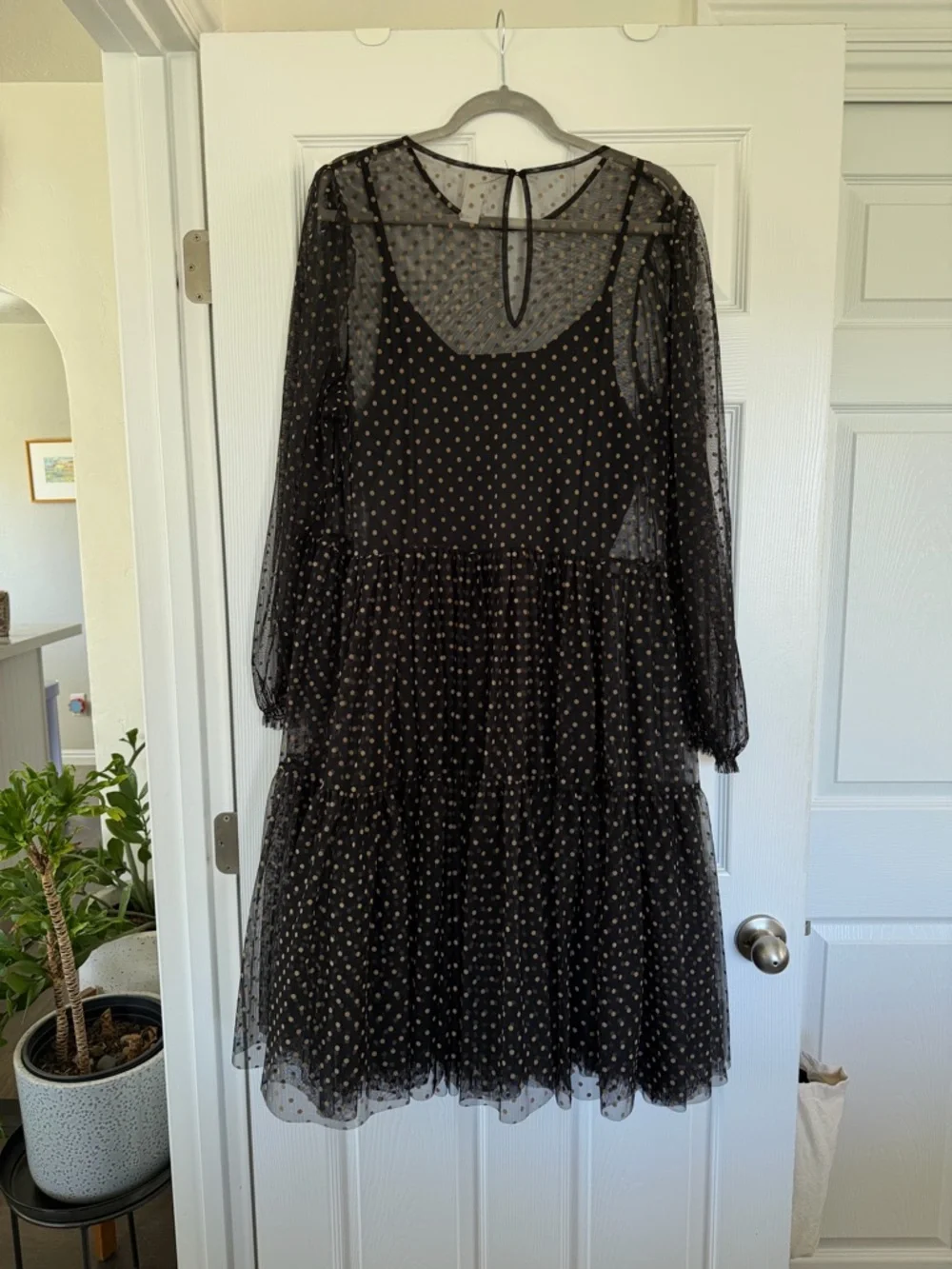 H&M Black Sheer Polka Dot Tiered Midi Long-Sleeve Dress - Picture 2 of 3